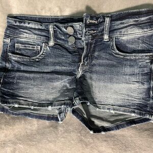 BKE Women's Faded Blue Double-Button Distressed Jean Shorts